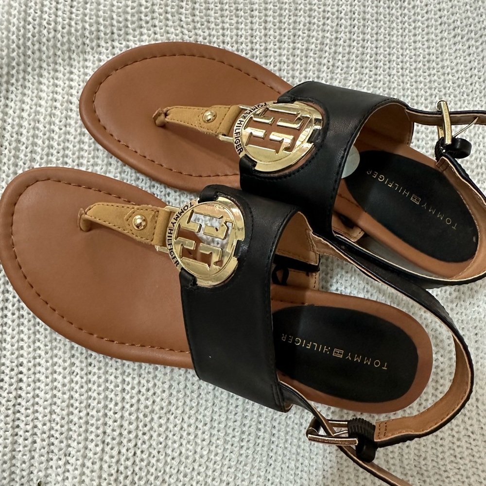 Tommy Hilfiger Black and Tan Leather Sandals with Gold Embellishment